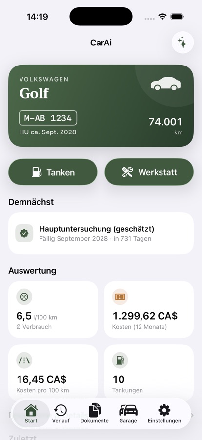 CarAi Startseite mit Fahrzeugkarte, HU-Termin und Auswertung