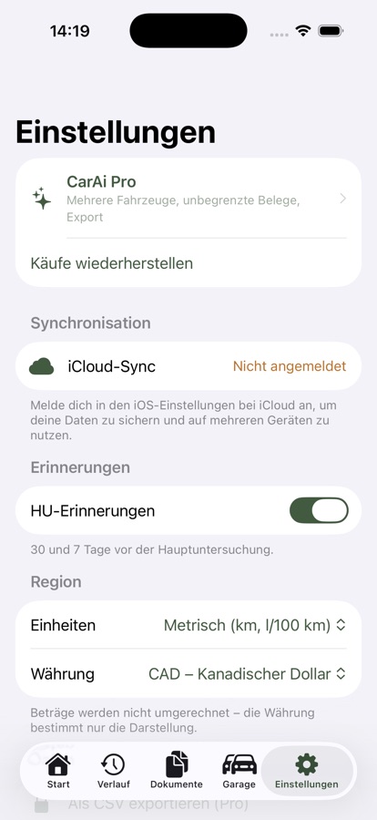 CarAi Screenshot: Einstellungen